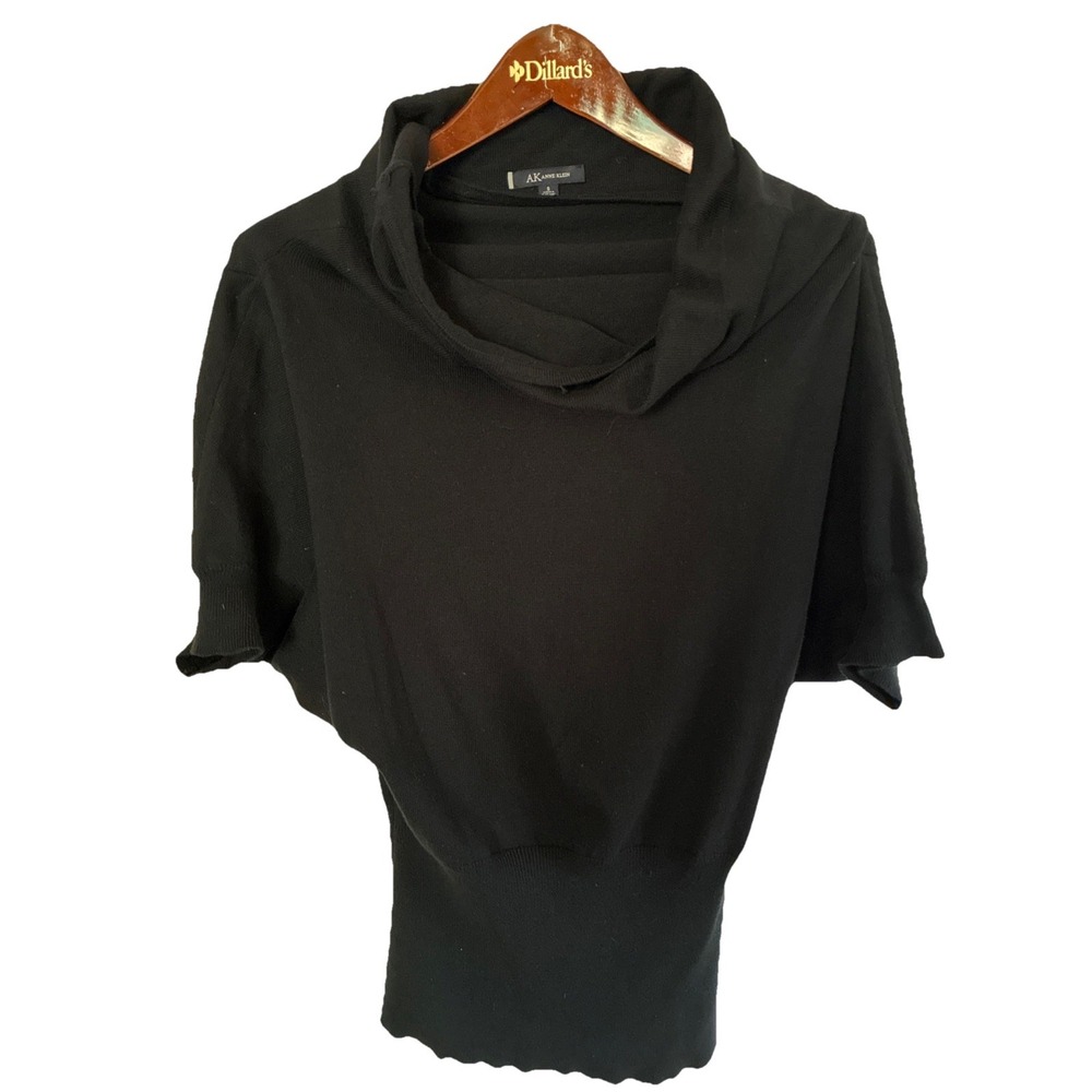 AK Ann Klein-Black Knit Cowl Neck Short Sleeve Fitted Ribbed Waist Sweater Sz Sm